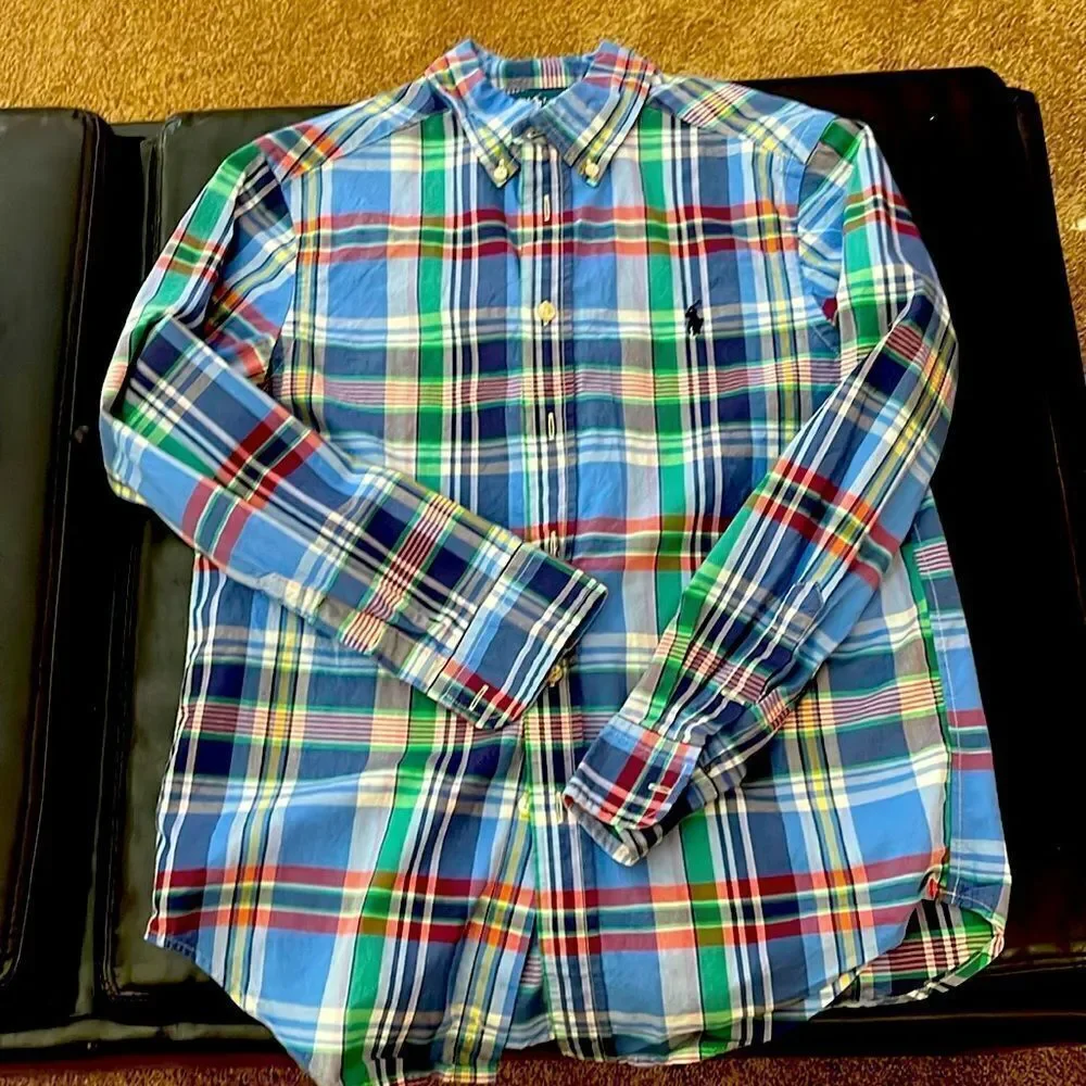 Ralph Lauren Plaid blue green button down Long Sleeve Shirt